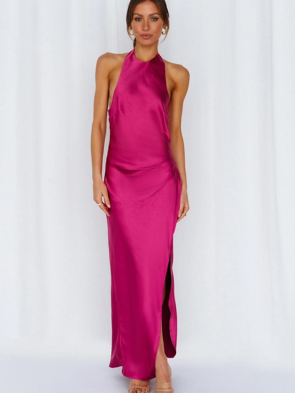 Hello Molly Satin Halter Maxi Dress in Fuchsia